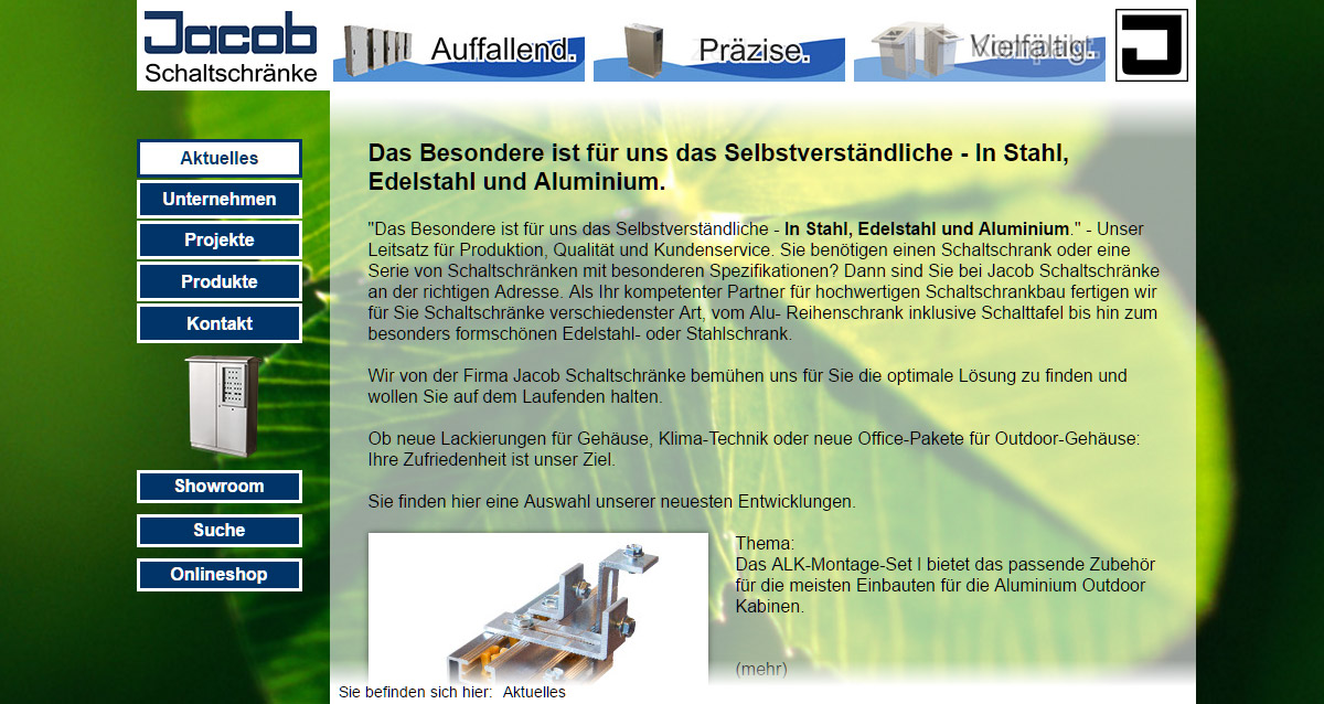 Die Desktop-Version der Website der Firma Jacob Schaltschränke GmbH & Co. KG beinhaltet einige grafische Elemente (Hintergrund, Header) und Bilder. Die Desktop-Version der Website der Firma Jacob Schaltschränke GmbH & Co. KG beinhaltet einige grafische Elemente (Hintergrund, Header) und Bilder.